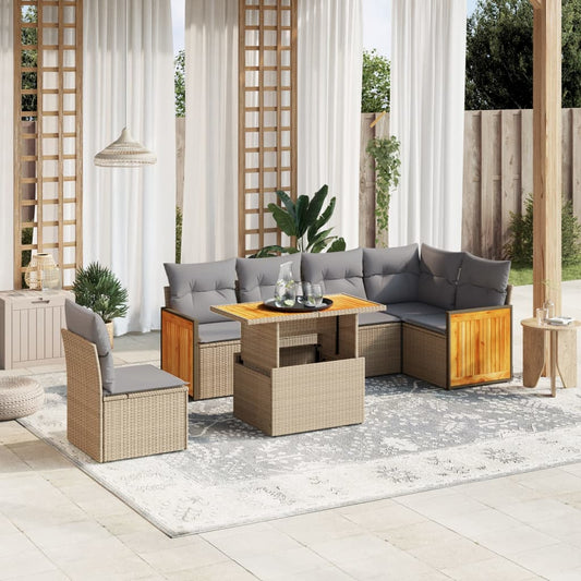 Salon de jardin avec coussins 7 pcs beige résine tressée