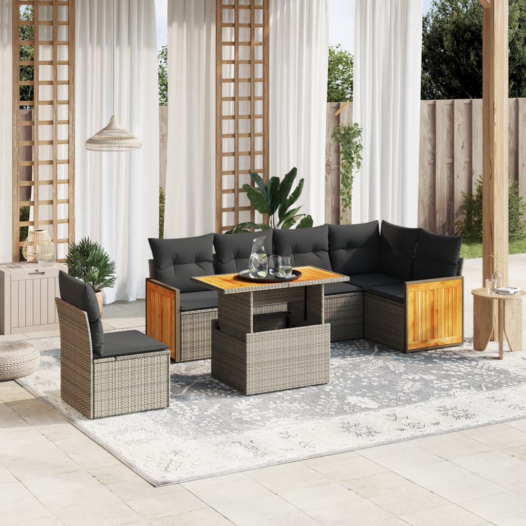 Salon de jardin avec coussins 7 pcs gris résine tressée