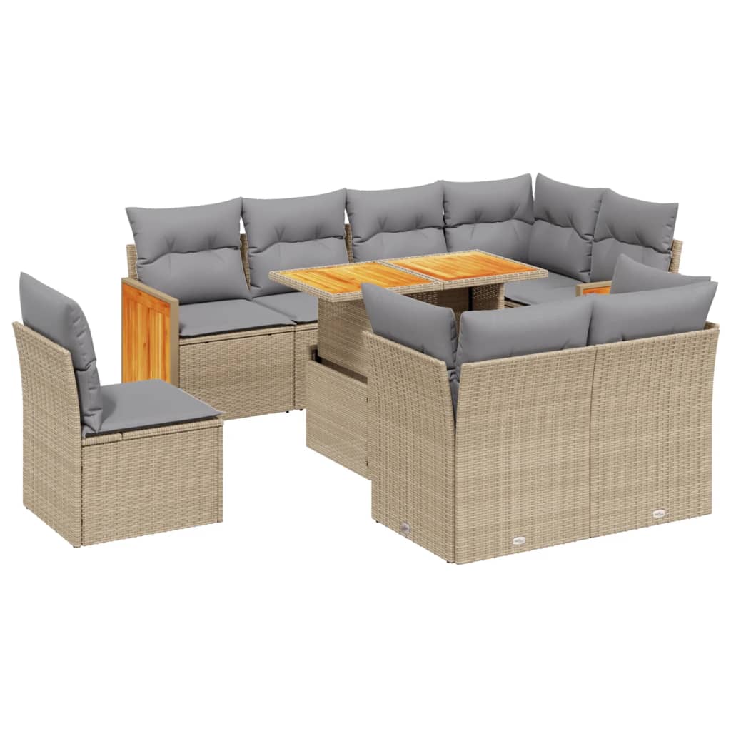 Salon de jardin avec coussins 9 pcs beige résine tressée