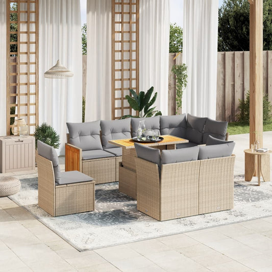 Salon de jardin avec coussins 9 pcs beige résine tressée