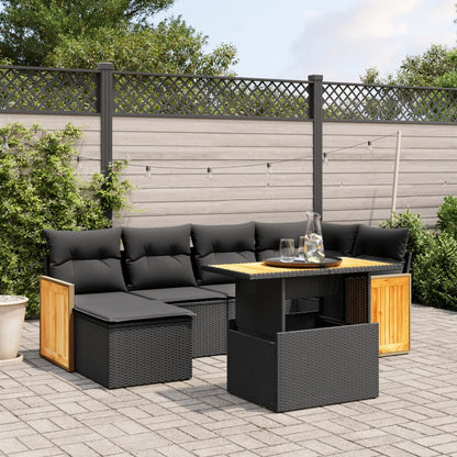 Salon de jardin 7 pcs avec coussins noir résine tressée