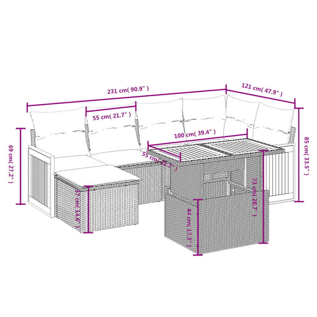 Salon de jardin avec coussins 7 pcs gris résine tressée