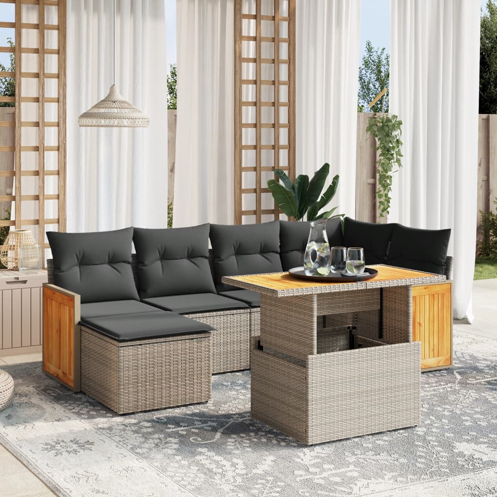 Salon de jardin avec coussins 7 pcs gris résine tressée