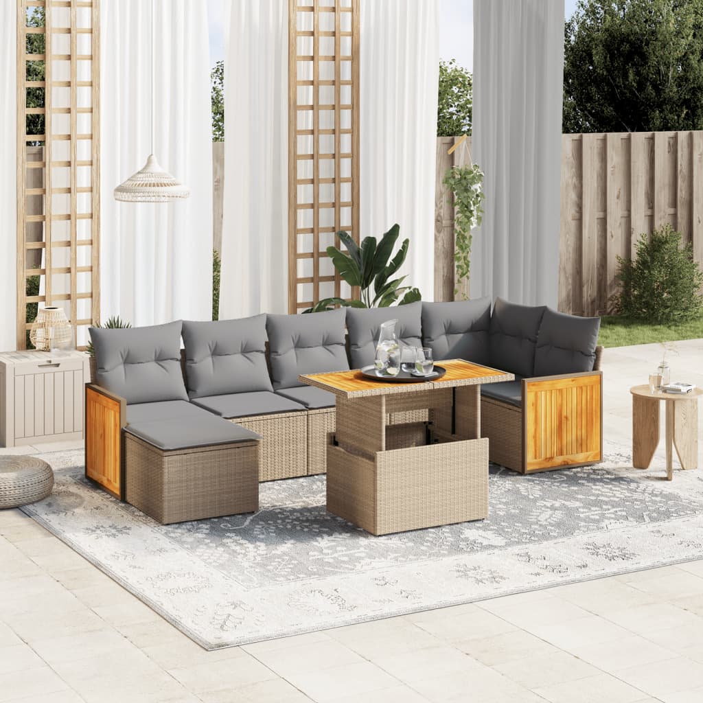 Salon de jardin avec coussins 8 pcs beige résine tressée