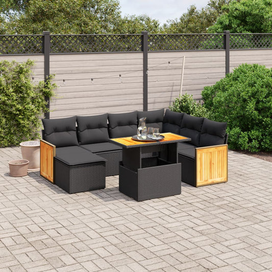 Salon de jardin 8 pcs avec coussins noir résine tressée