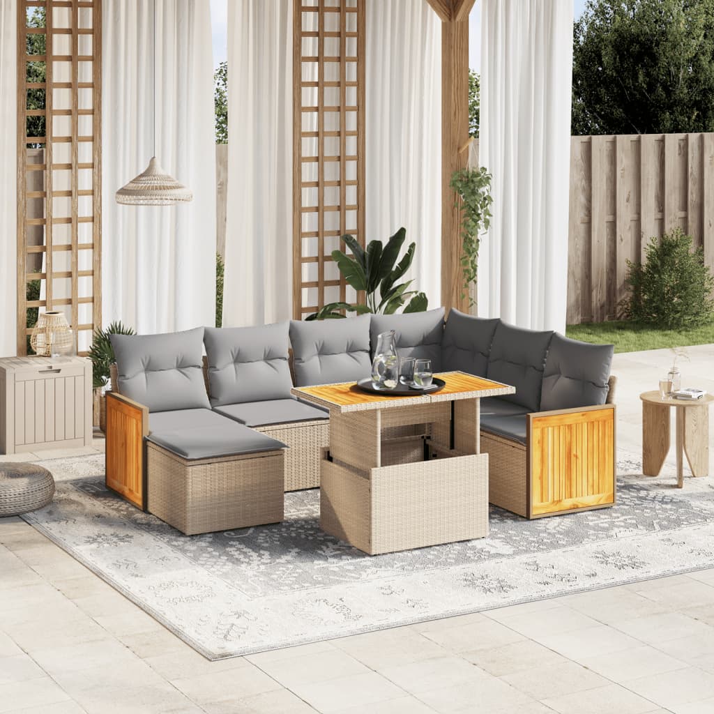 Salon de jardin avec coussins 8 pcs beige résine tressée