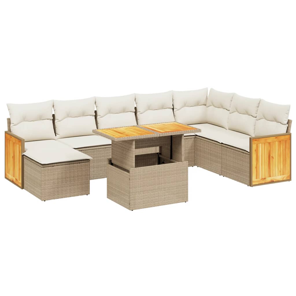 Salon de jardin avec coussins 9 pcs beige résine tressée