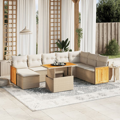 Salon de jardin avec coussins 9 pcs beige résine tressée