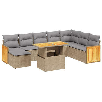 Salon de jardin avec coussins 9 pcs beige résine tressée