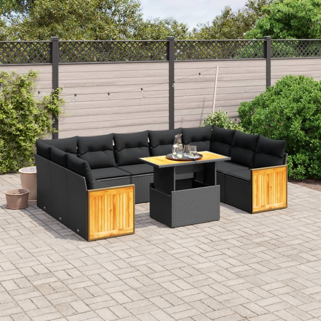 Salon de jardin 10 pcs avec coussins noir résine tressée