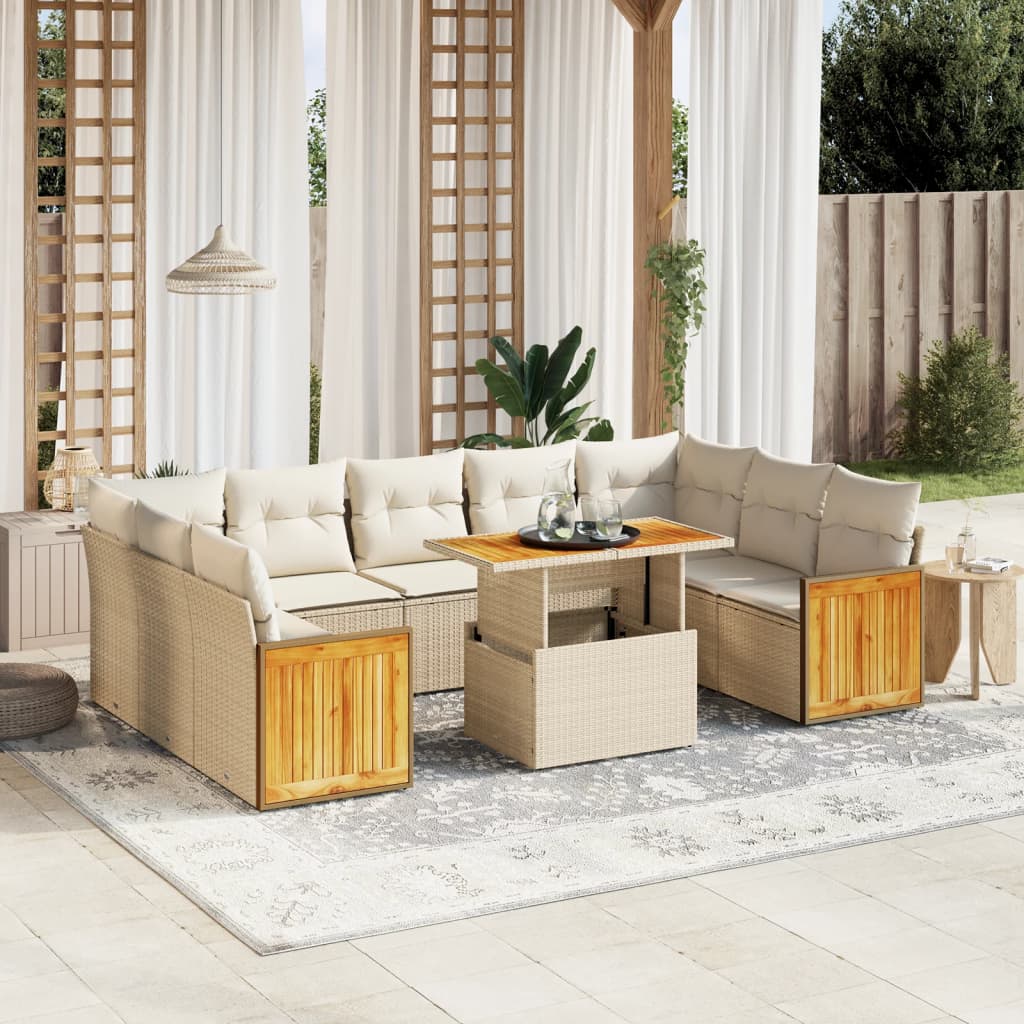 Salon de jardin avec coussins 10 pcs beige résine tressée