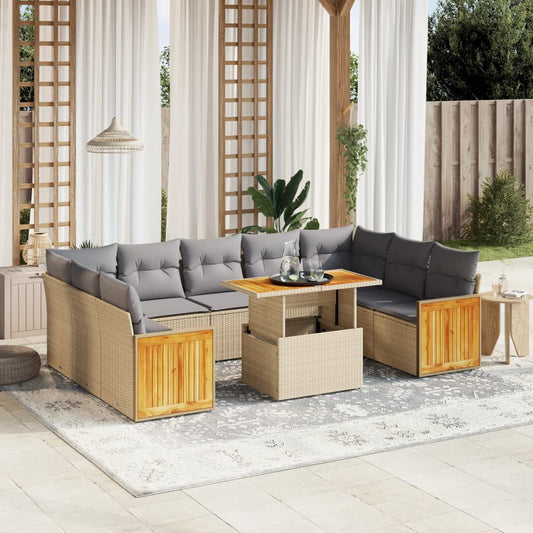 Salon de jardin avec coussins 10 pcs beige résine tressée