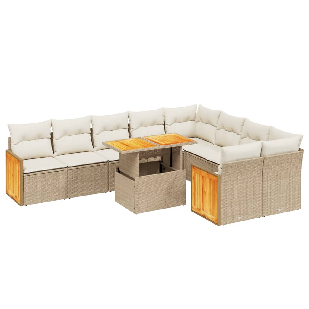 Salon de jardin avec coussins 10 pcs beige résine tressée