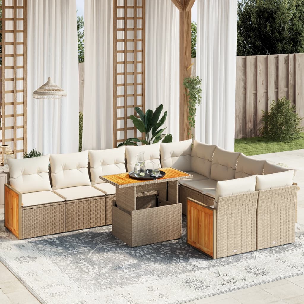 Salon de jardin avec coussins 10 pcs beige résine tressée