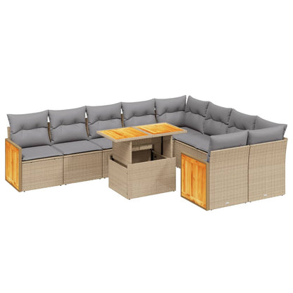 Salon de jardin avec coussins 10 pcs beige résine tressée