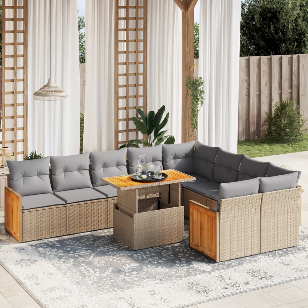 Salon de jardin avec coussins 10 pcs beige résine tressée