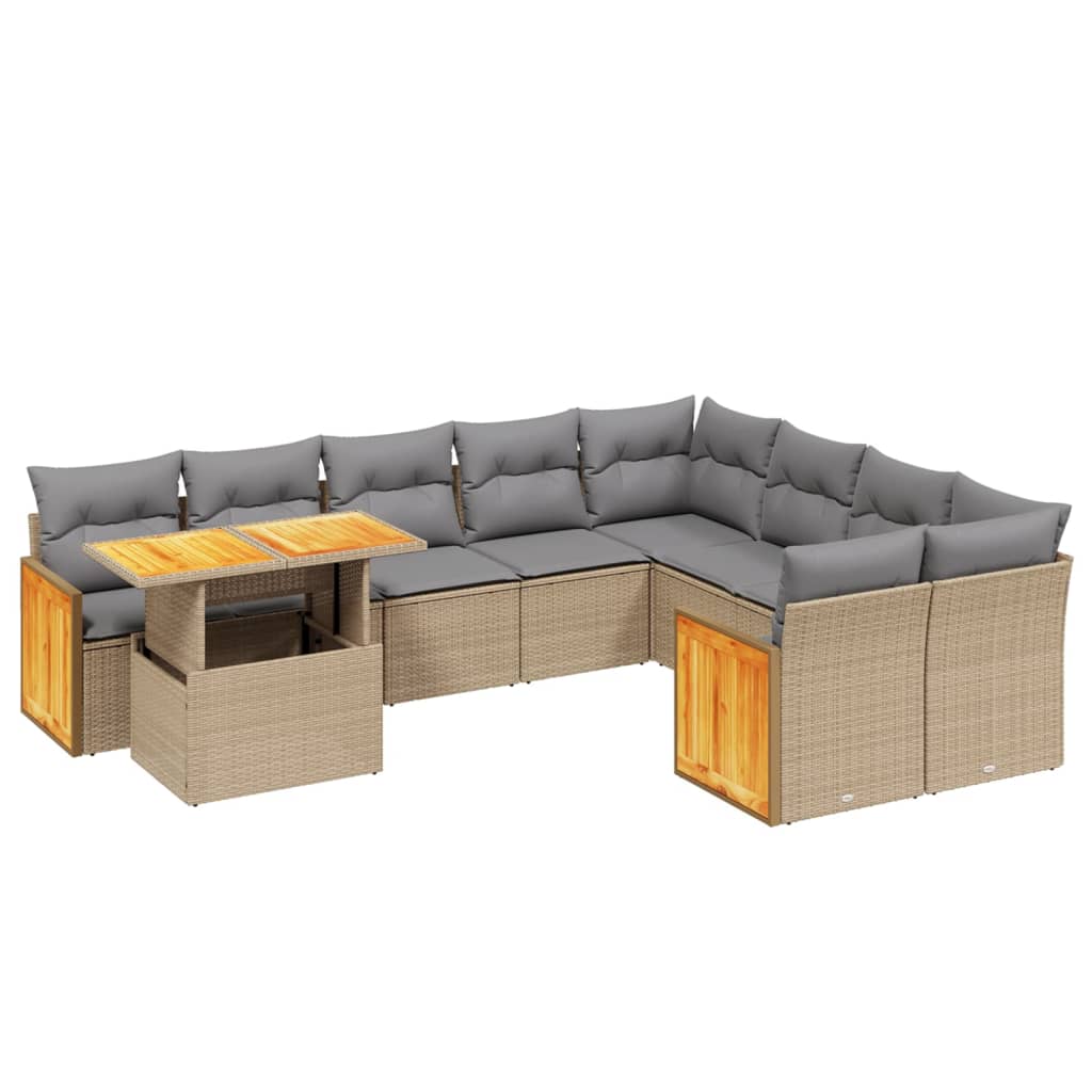 Salon de jardin avec coussins 10 pcs beige résine tressée