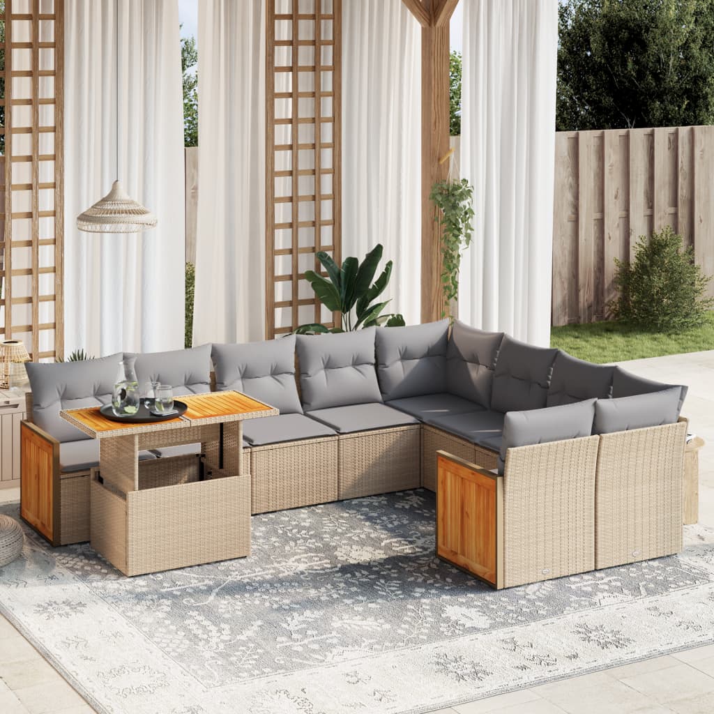 Salon de jardin avec coussins 10 pcs beige résine tressée