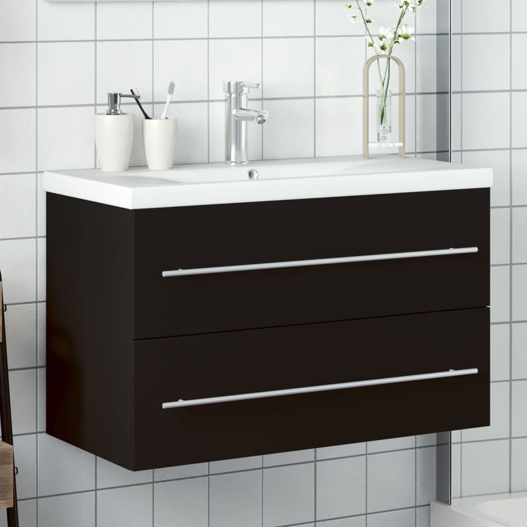 Armoire lavabo de salle de bain avec bassin intégré noir