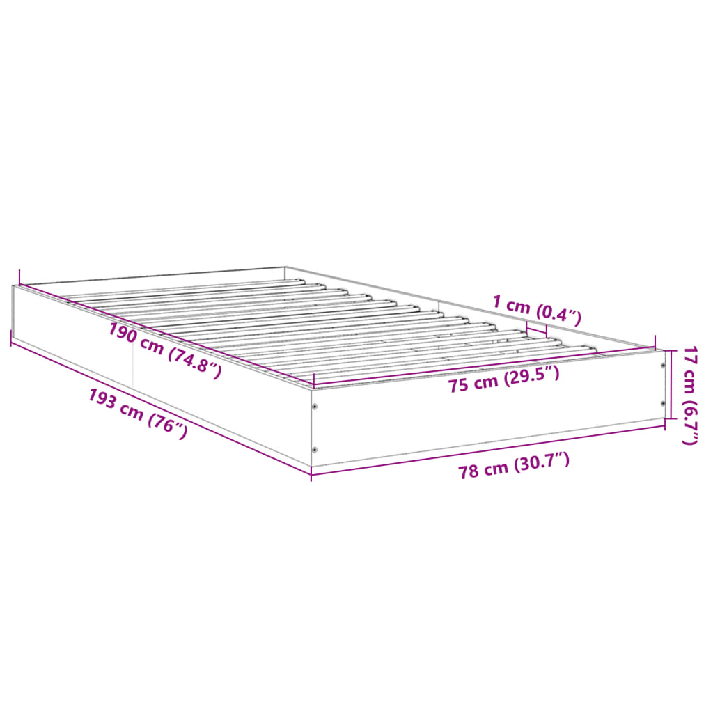 Cadre de lit sans matelas gris béton 75x190 cm