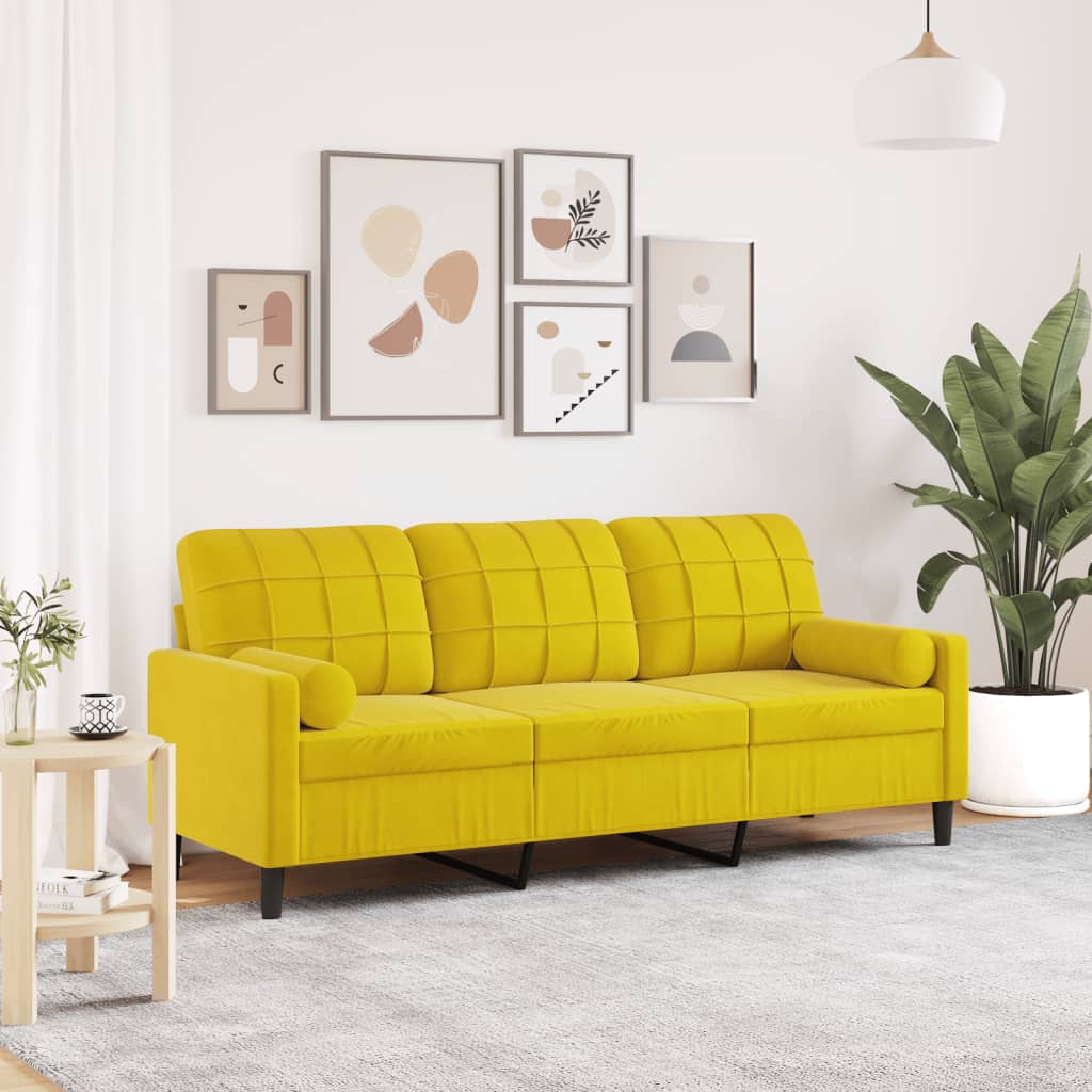 Canapé 3 places avec oreillers décoratifs jaune 180 cm velours