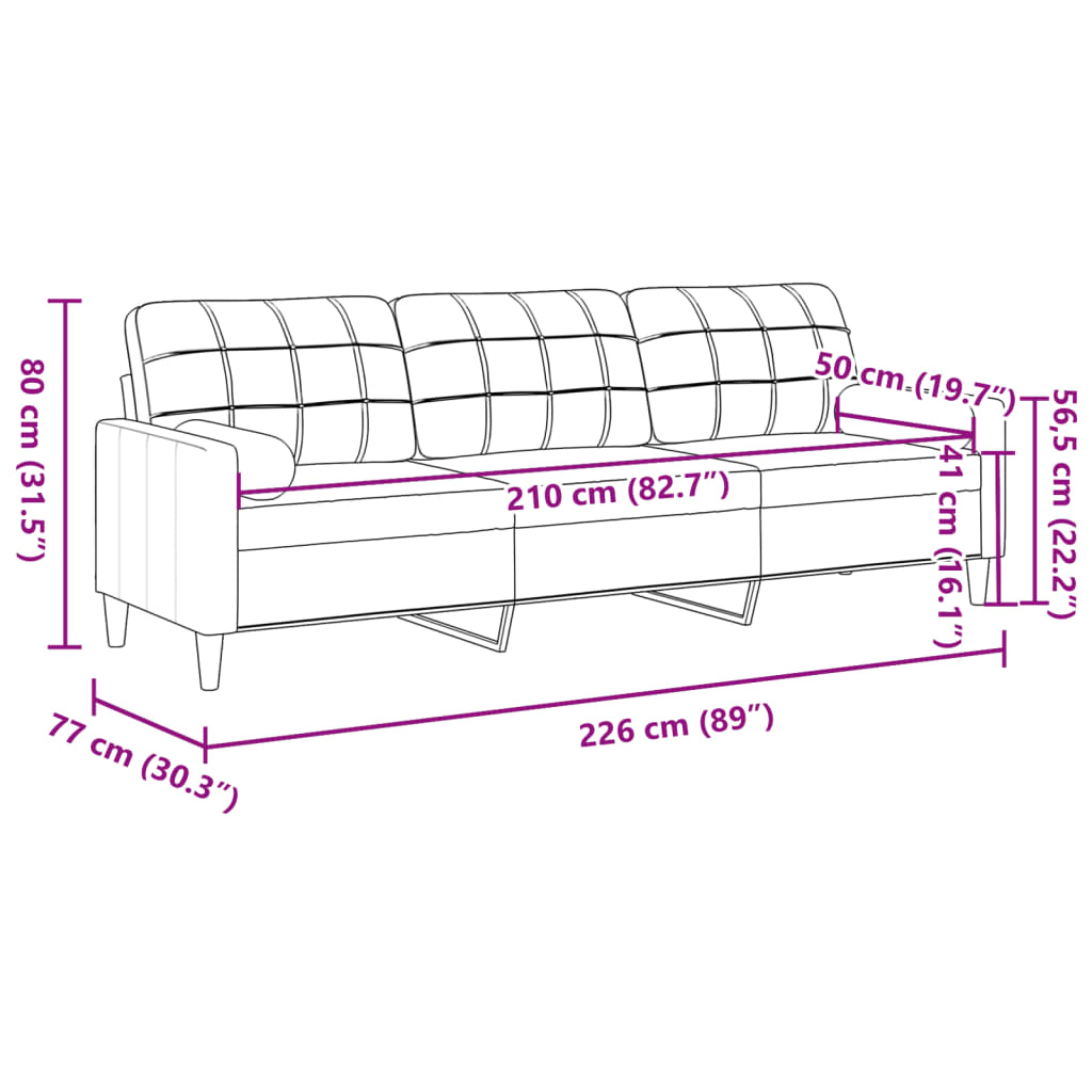 Canapé 3 places avec oreillers gris clair 210 cm velours