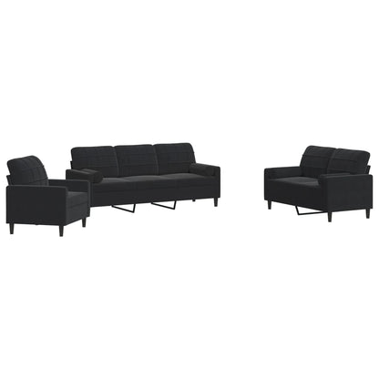 Ensemble de canapés 3pcs et coussins et traversins noir velours