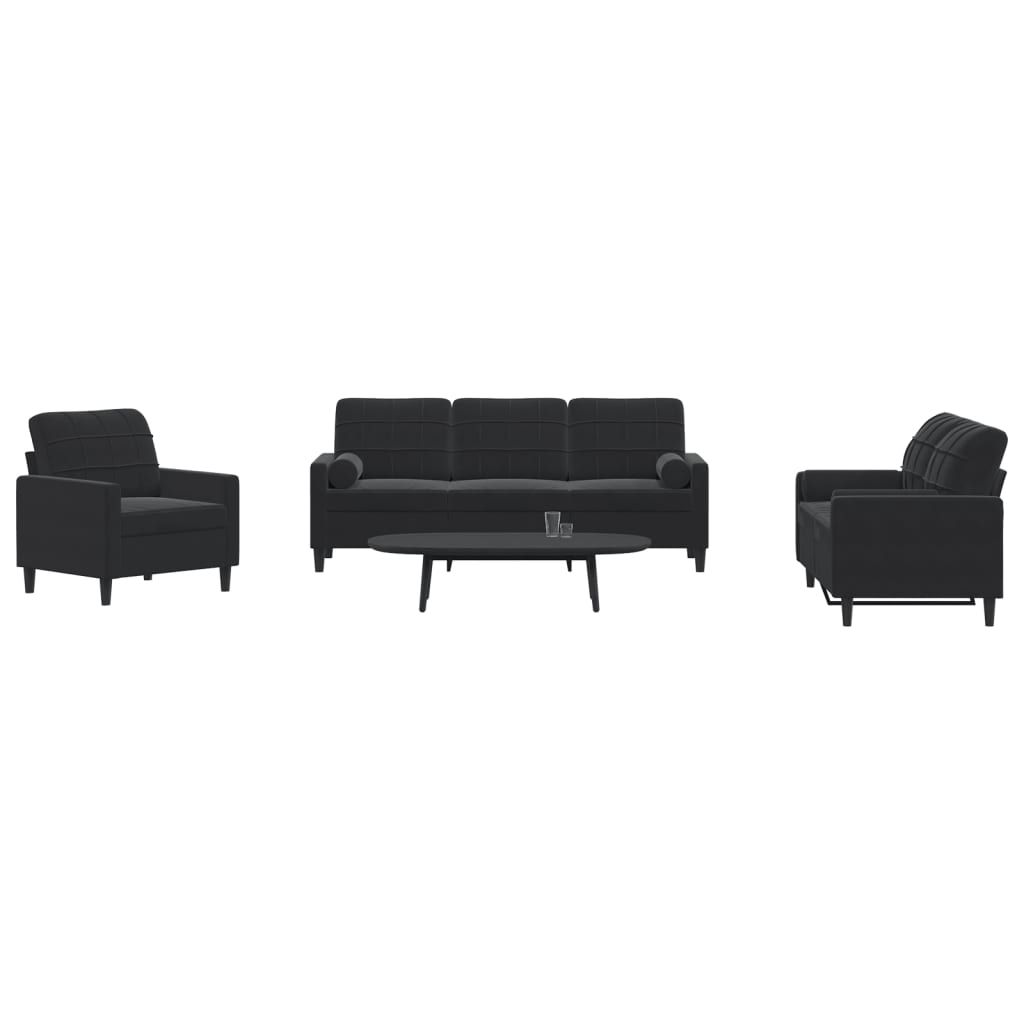 Ensemble de canapés 3pcs et coussins et traversins noir velours