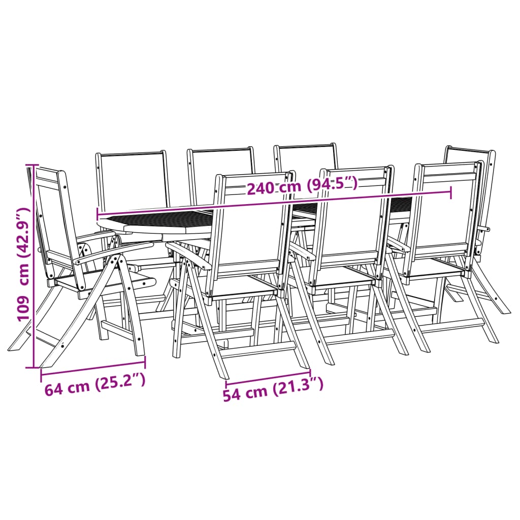 Ensemble à manger de jardin 9pcs bois d'acacia solide textilène