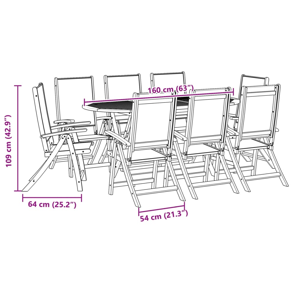 Ensemble à manger de jardin 9pcs bois d'acacia solide textilène