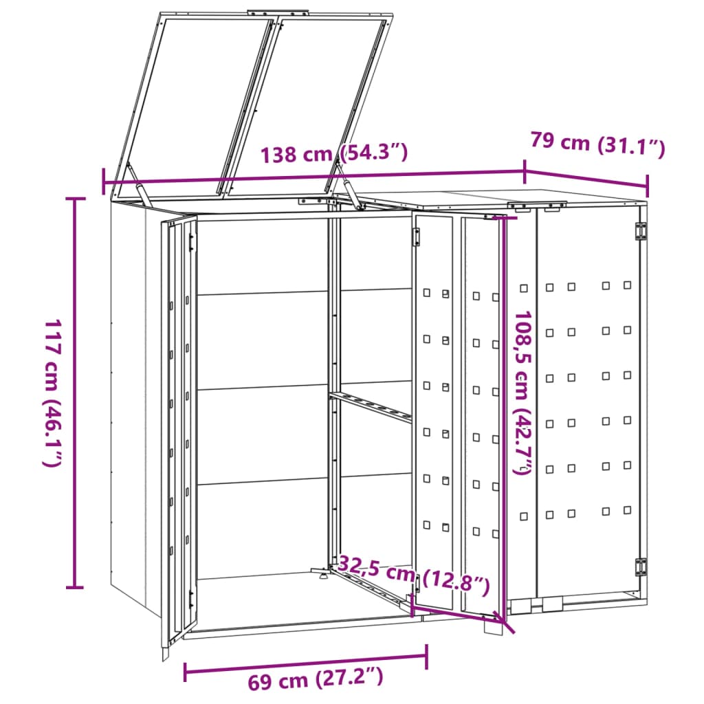 Rangement à roulettes pour poubelles pour 2 bacs noir acier