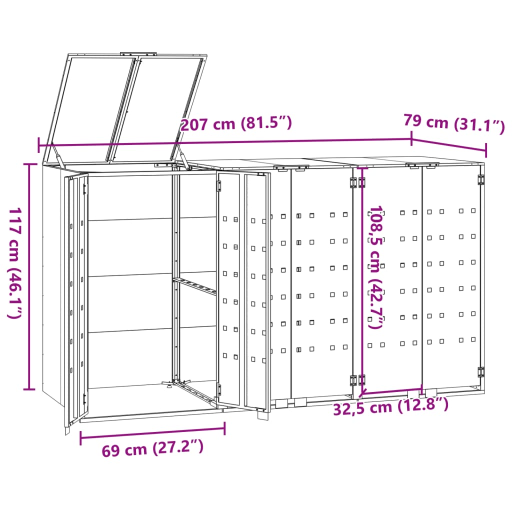 Rangement à roulettes pour poubelles pour 3 bacs noir acier