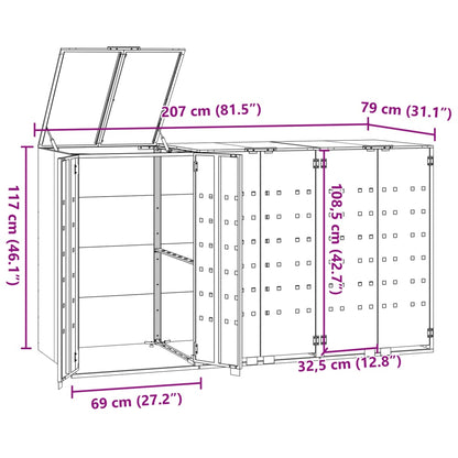 Rangement à roulettes pour poubelles pour 3 bacs noir acier