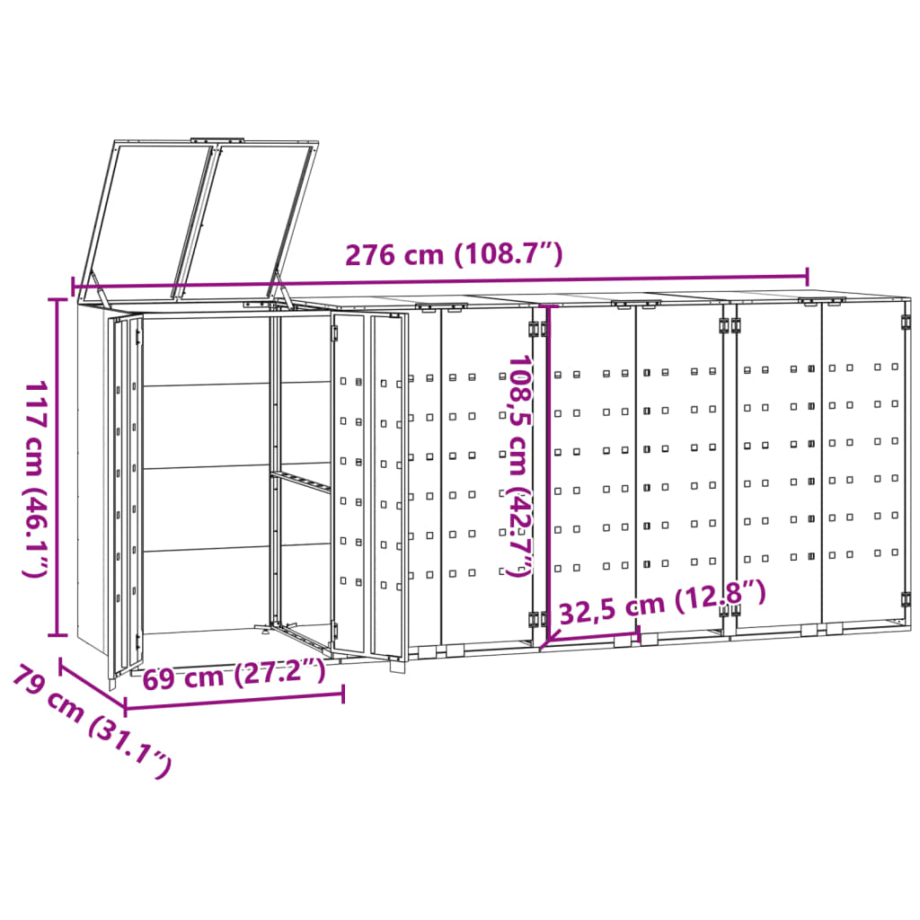 Rangement à roulettes pour poubelles pour 4 bacs noir acier