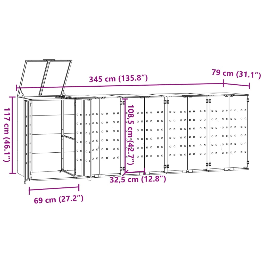 Rangement à roulettes pour poubelles pour 5 bacs noir acier