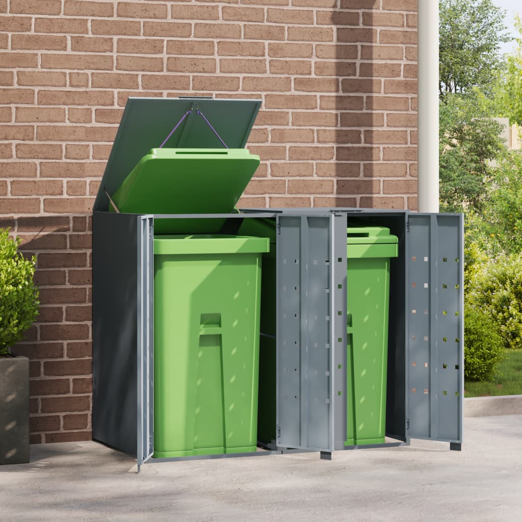 Rangement à roulettes pour poubelles pour 2 bacs gris acier