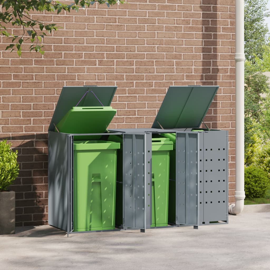 Rangement à roulettes pour poubelles pour 3 bacs gris acier