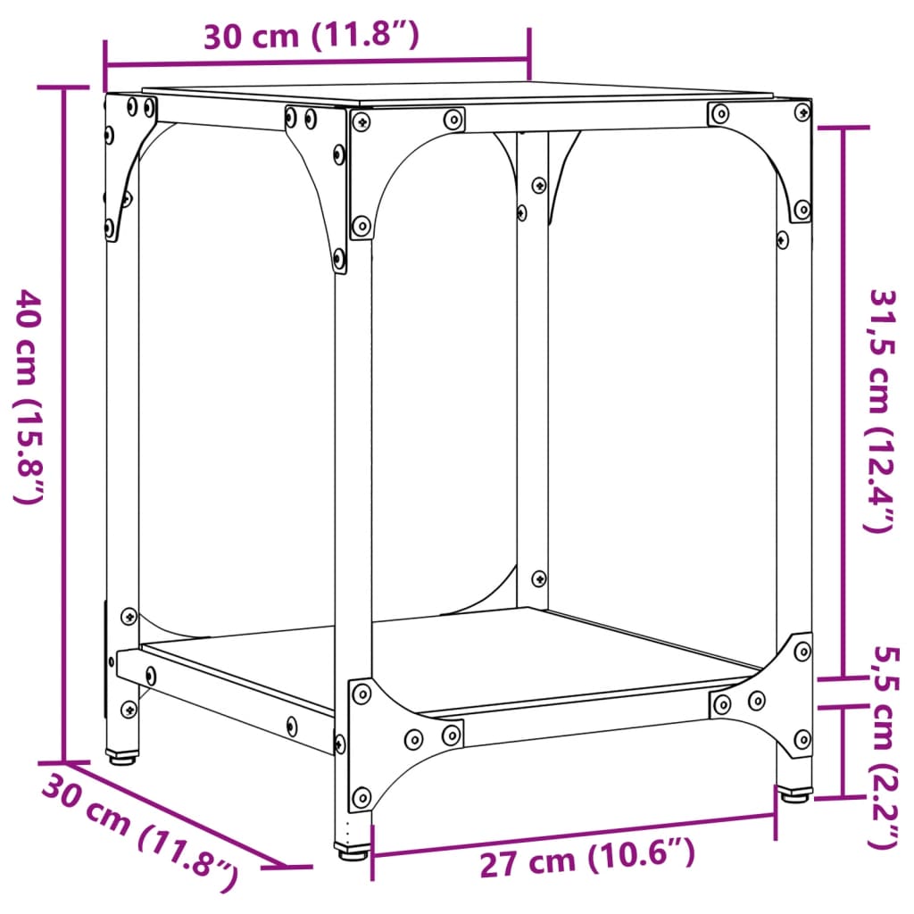 Table basse avec dessus en verre transparent 30x30x40 cm acier