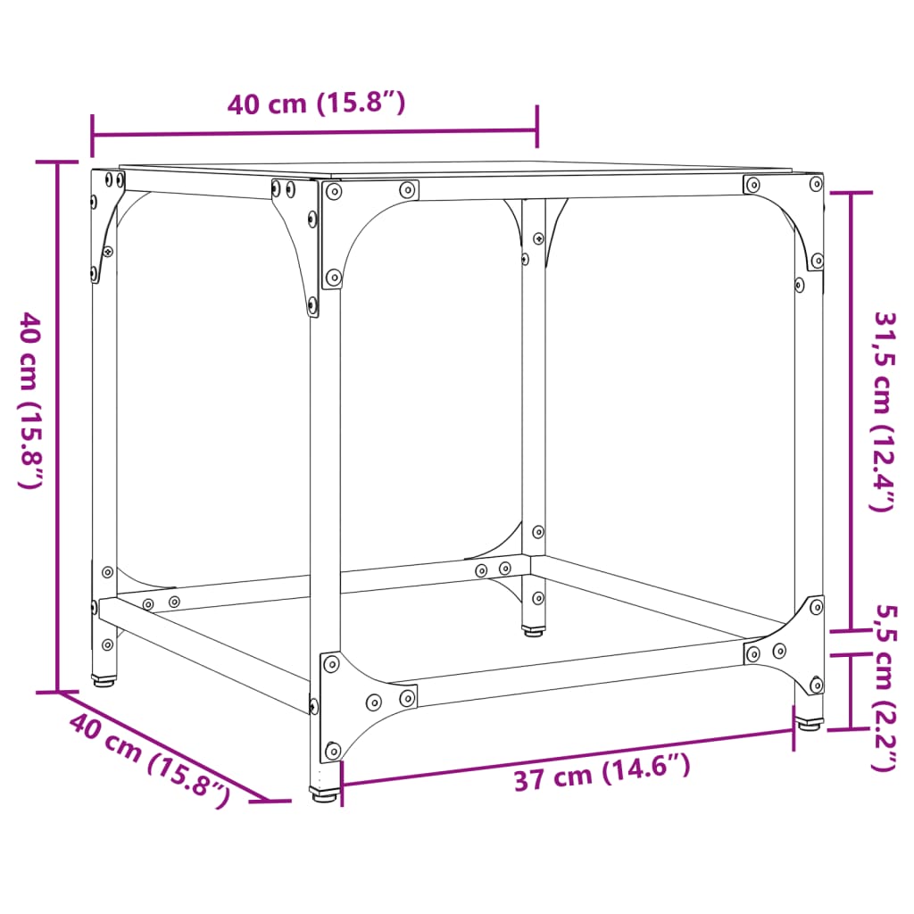 Table basse avec dessus en verre transparent 40x40x40 cm acier