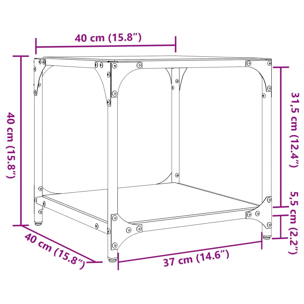 Table basse avec dessus en verre transparent 40x40x40 cm acier