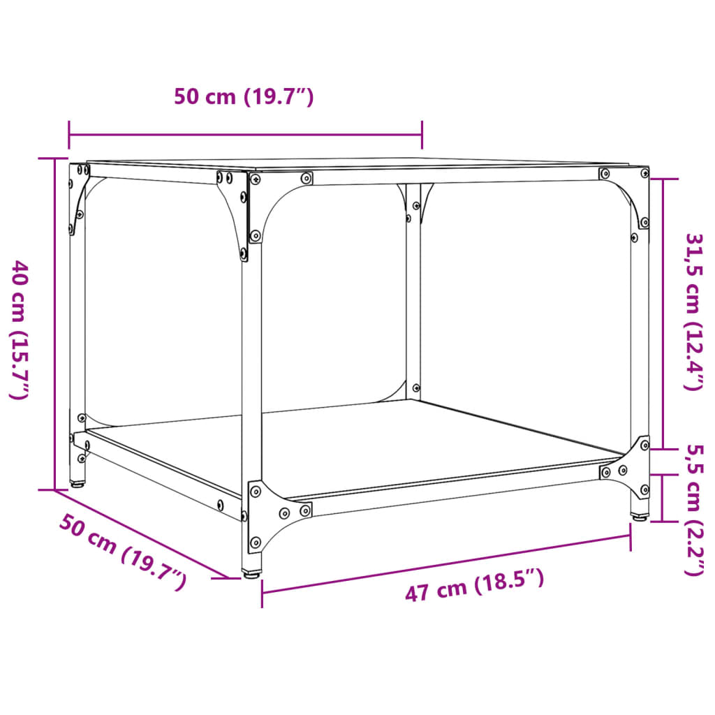 Table basse avec dessus en verre transparent 50x50x40 cm acier