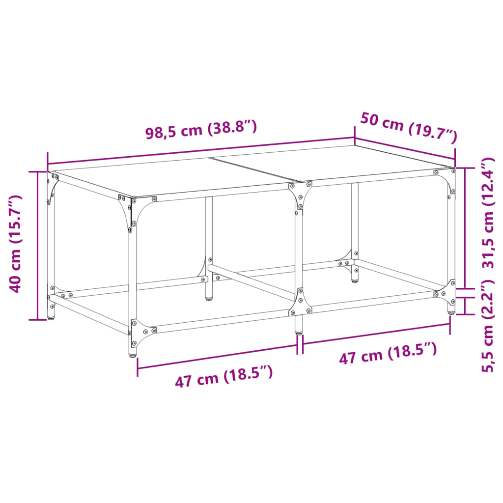 Table basse avec dessus en verre transparent 98,5x50x40cm acier