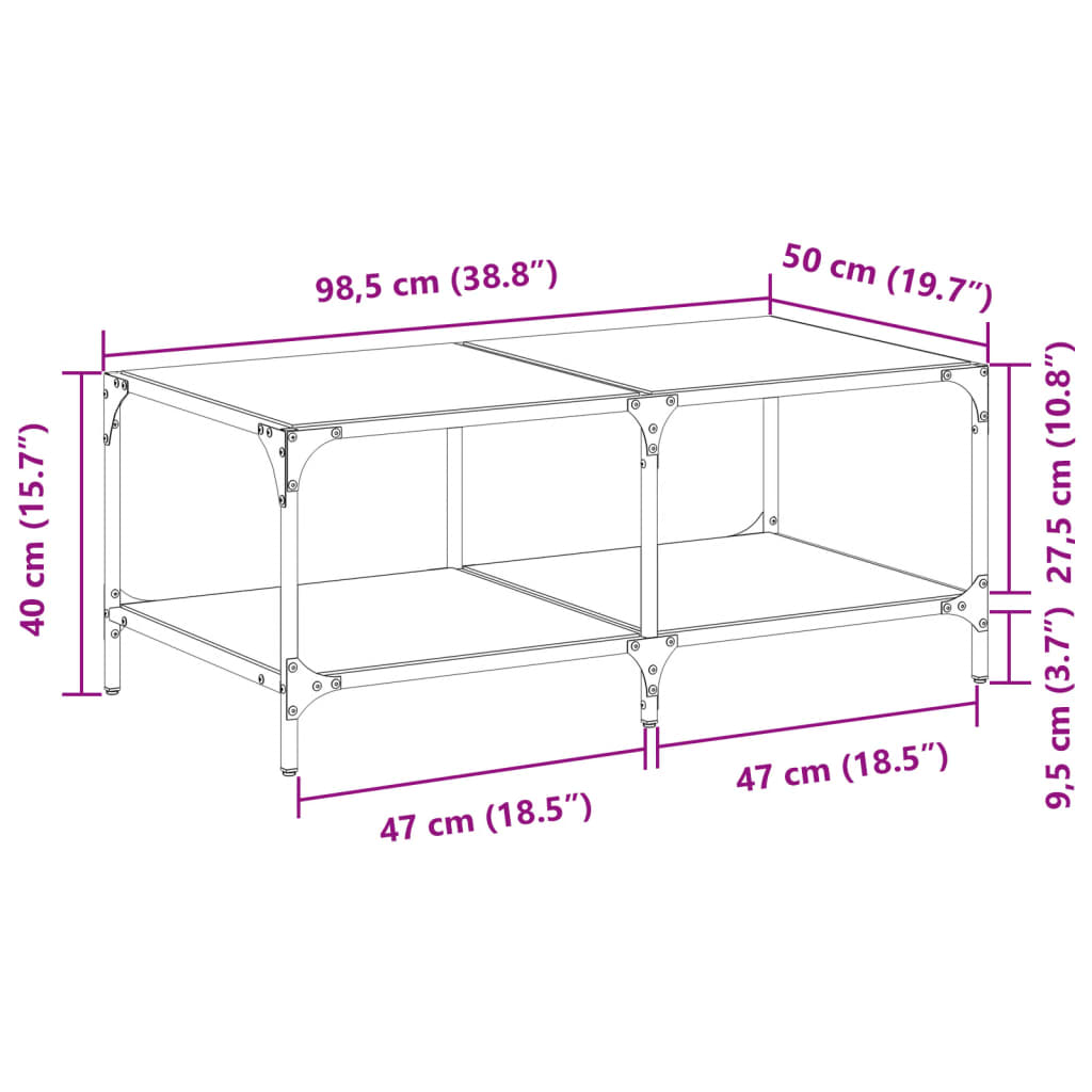 Table basse avec dessus en verre transparent 98,5x50x40cm acier