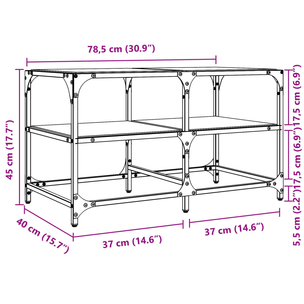 Table basse avec dessus en verre transparent 78,5x40x45cm acier