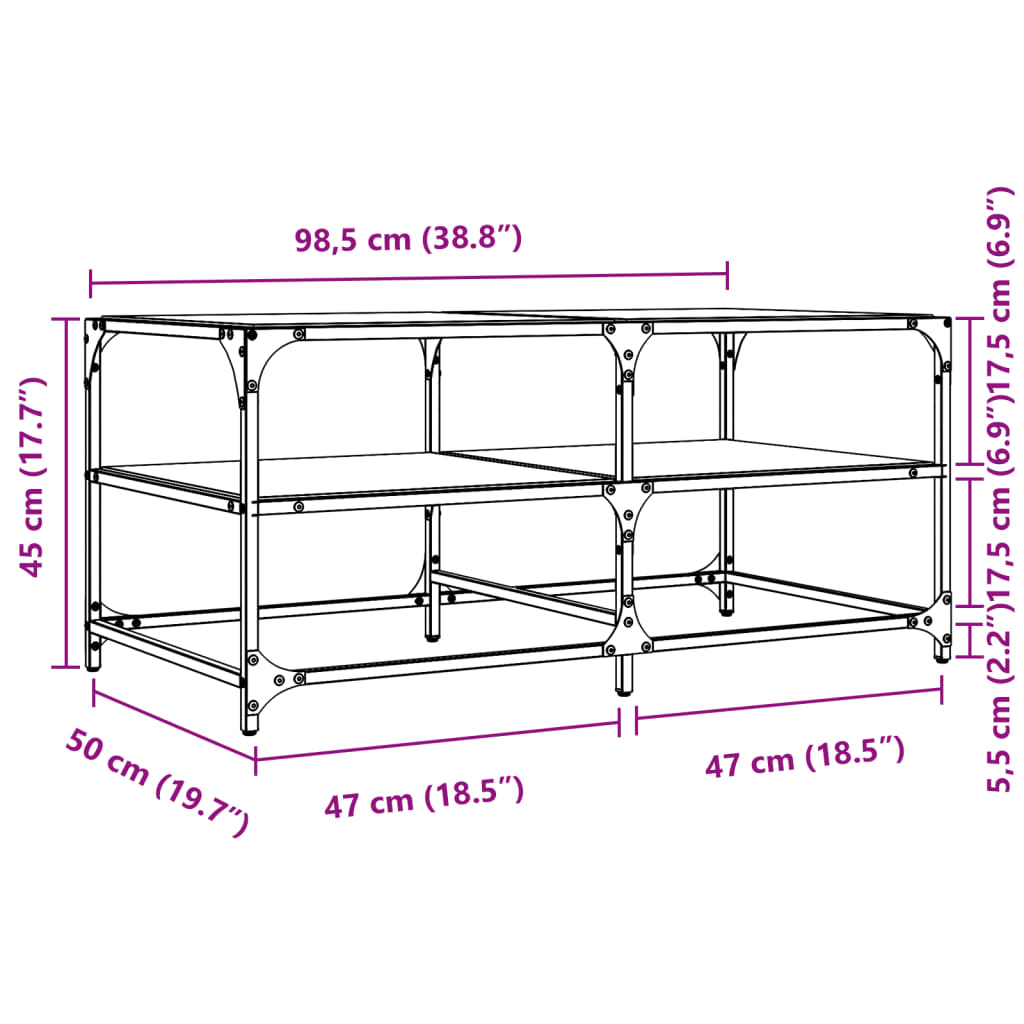 Table basse avec dessus en verre transparent 98,5x50x45cm acier