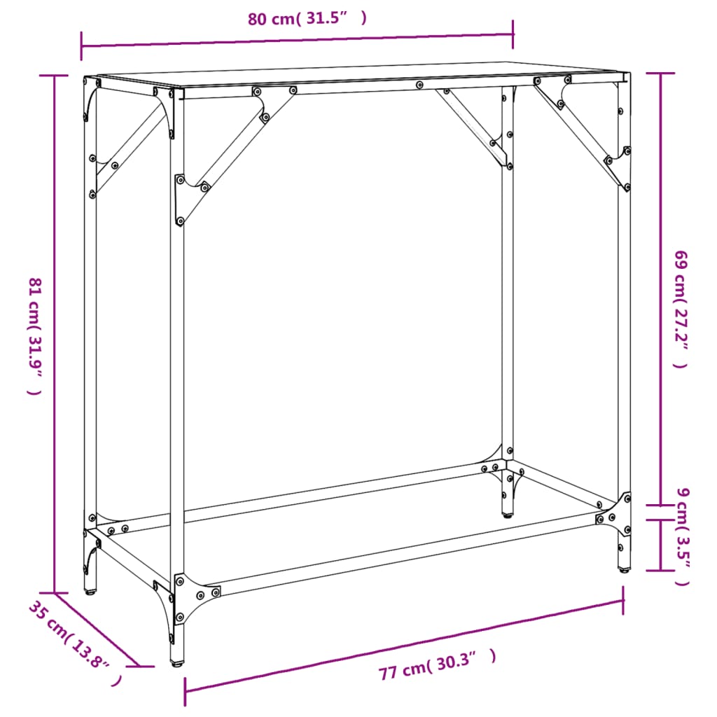 Table console avec dessus en verre noir 60x35x81 cm acier