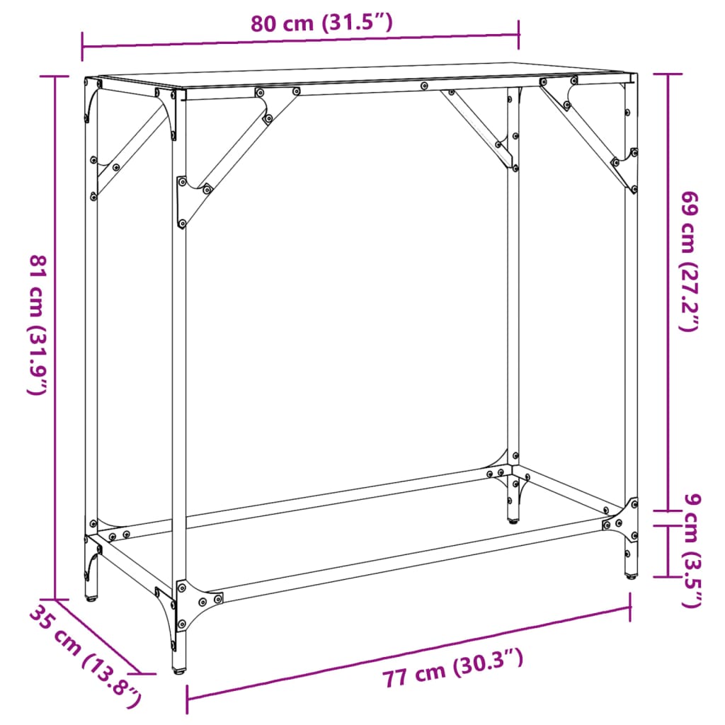 Table console avec dessus en verre transparent 80x35x81cm acier