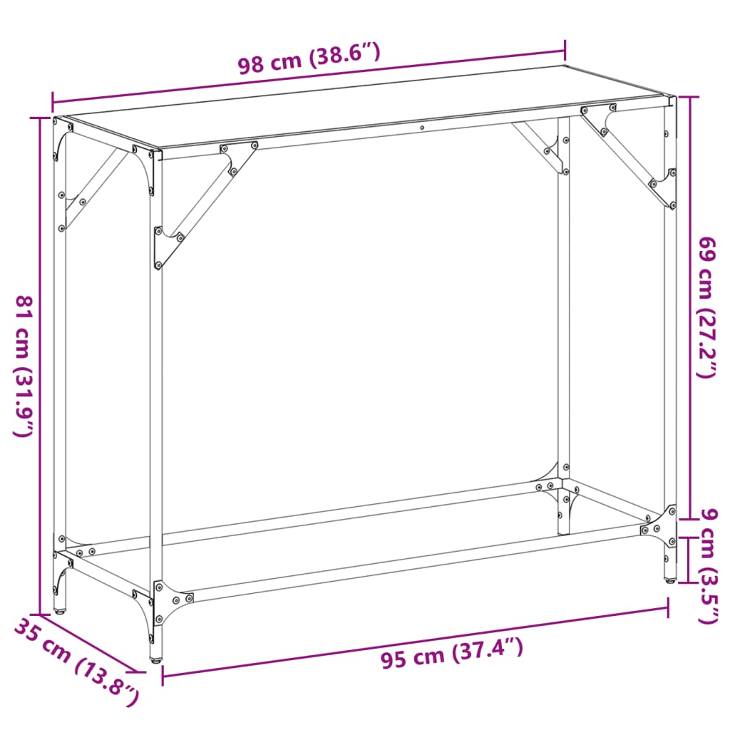 Table console avec dessus en verre noir 98x35x81 cm acier