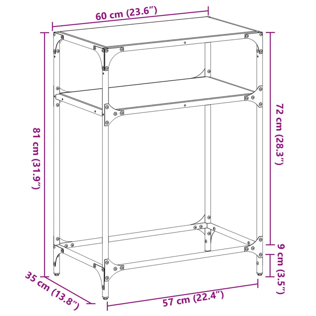 Table console avec dessus en verre transparent 60x35x81cm acier