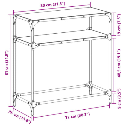 Table console avec dessus en verre transparent 80x35x81cm acier